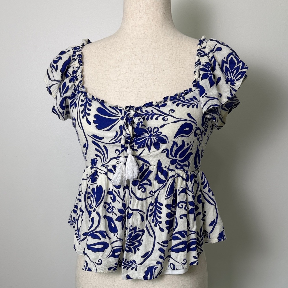 Jopna Women's White Peplum Blouse with Blue Floral Print